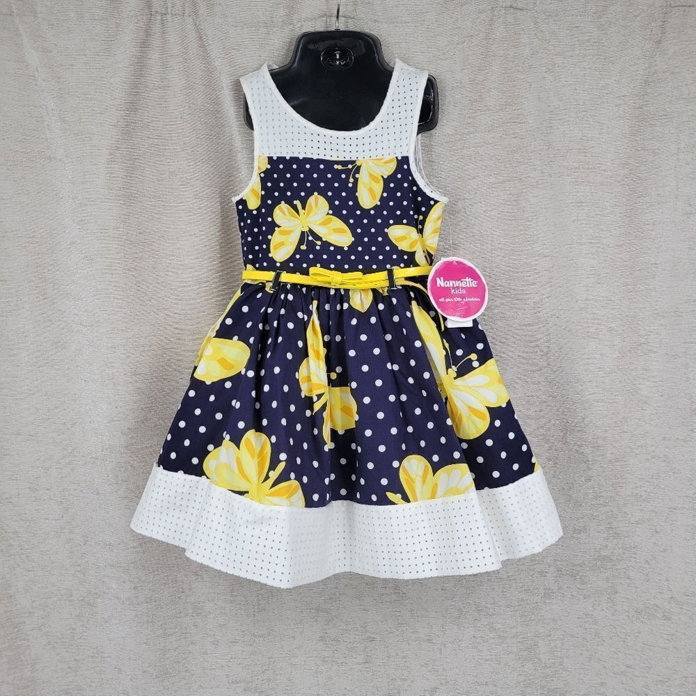 Nannette Navy and Yellow Polka Dot Butterfly Kids Girls Toddler 4T Dress NEW